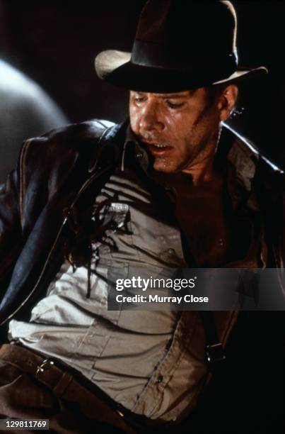 American actor Harrison Ford as the eponymous archaeologist, facing a large spider in a scene from the film 'Indiana Jones and the Last Crusade',...