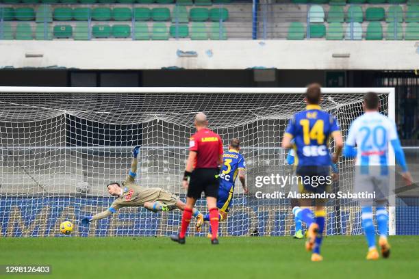 Federico Dimarco of Verona scores their sides first goal past Alex Meret of SSC Napoli during the Serie A match between Hellas Verona FC and SSC...