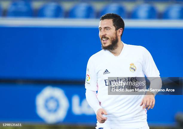 Eden Hazard of Real Madrid celebrates after scoring his team's third goal during the La Liga Santander match between Deportivo Alavés and Real Madrid...