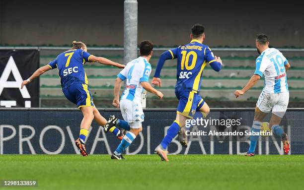 Antonin Barak of Verona scores their sides second goal during the Serie A match between Hellas Verona FC and SSC Napoli at Stadio Marcantonio...