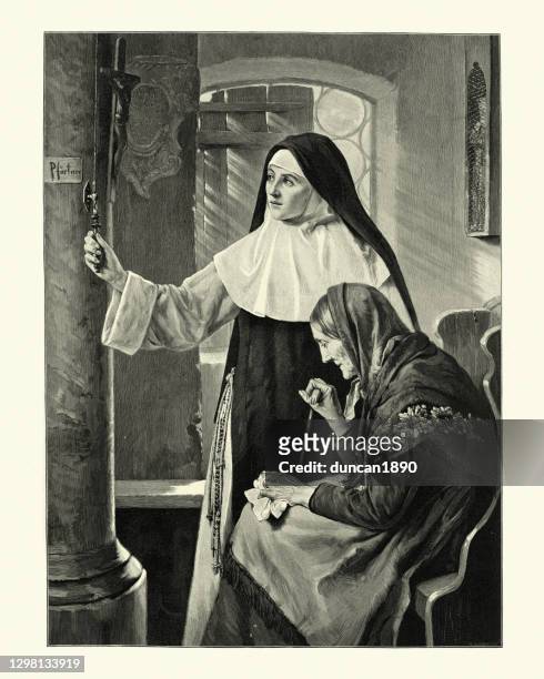 nonne pflege einer alten frau, viktorianischen 19. jahrhundert - nonne stock-grafiken, -clipart, -cartoons und -symbole