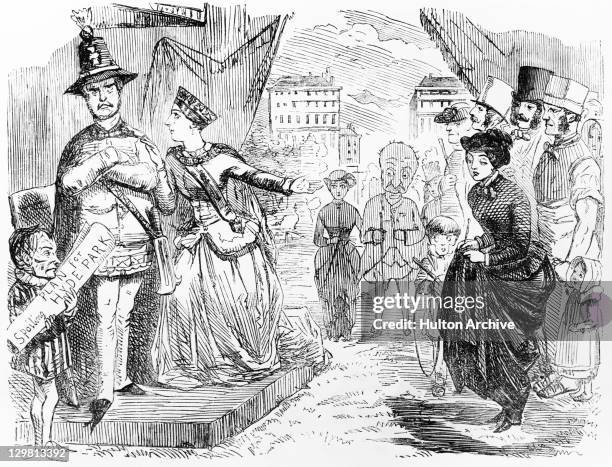 Cartoon depicting Queen Victoria speaking to Albert, Prince Consort about an unpopular proposal for a building in Hyde Park for the Great Exhibition,...