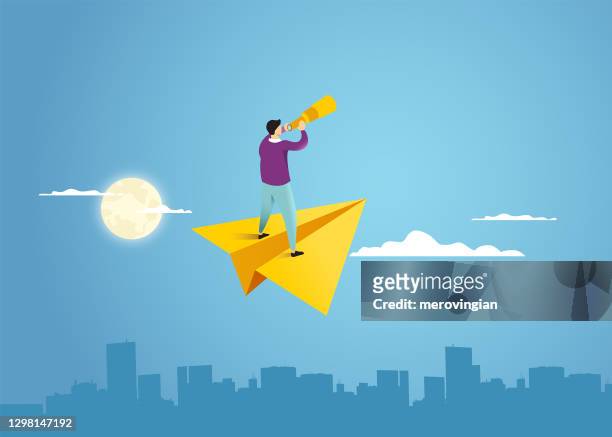 businessman standing on a paper airplane flying to the sky - initiative stock illustrations