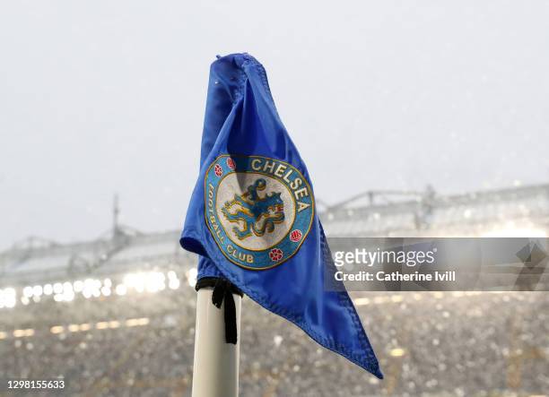 Detailed view of the Chelsea club badge on the corner flag prior to The Emirates FA Cup Fourth Round match between Chelsea and Luton Town at Stamford...