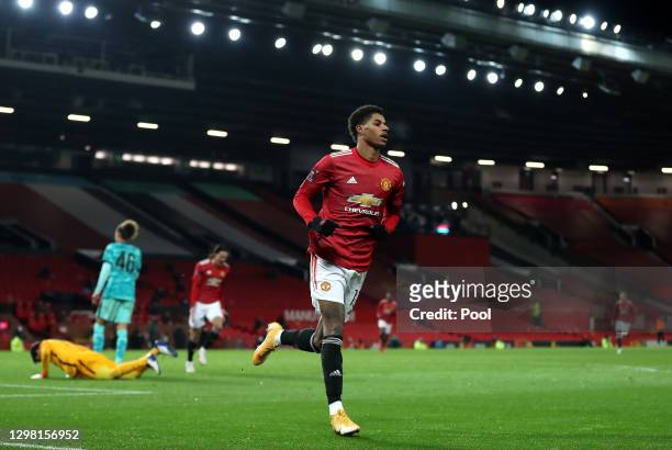 Marcus Rashford of Manchester United celebrates after scoring their side's second goal during The Emirates FA Cup Fourth Round match between...