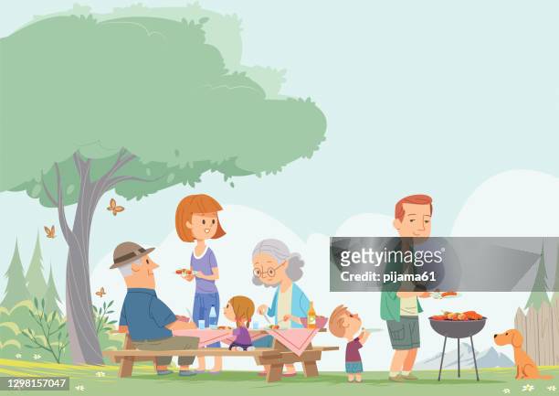 ilustrações de stock, clip art, desenhos animados e ícones de family on bbq party on the backyard - family lunch