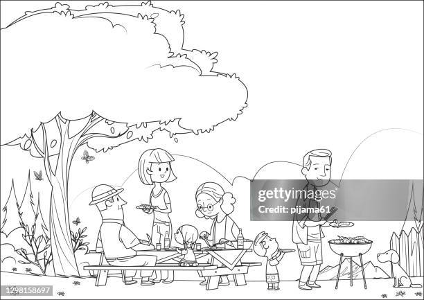 black and white, family on bbq party on the backyard - coloring book stock illustrations