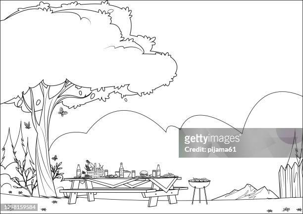 stockillustraties, clipart, cartoons en iconen met zwart-wit, houten picknicklijst met banken op parkachtergrond - carrots white background