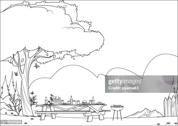 black and white, wooden picnic table with benches on park background - snag tree stock illustrations