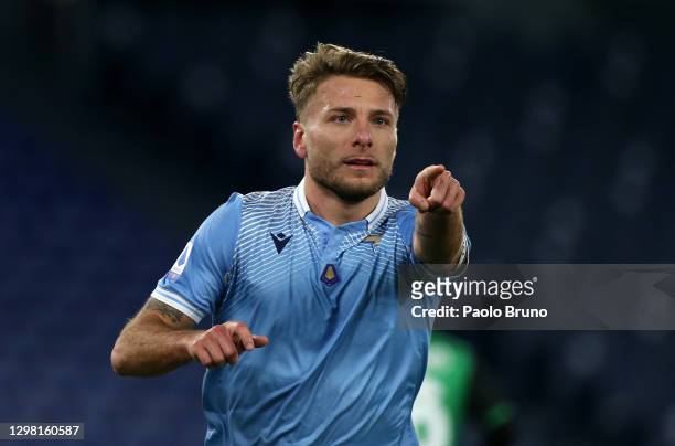 Ciro Immobile of SS Lazio celebrates after scoring their side's second goal during the Serie A match between SS Lazio and US Sassuolo at Stadio...