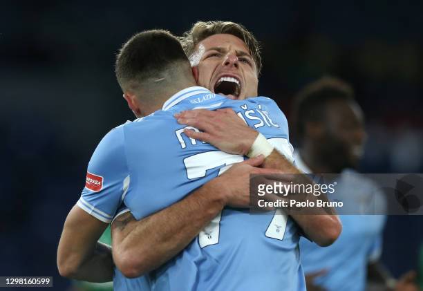 Ciro Immobile of SS Lazio celebrates after scoring their side's second goal with team mate Adam Marusic during the Serie A match between SS Lazio and...