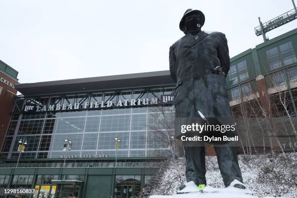 Statue of Vince Lombardi is displayed outside the stadium prior to the NFC Championship game between the Green Bay Packers and the Tampa Bay...