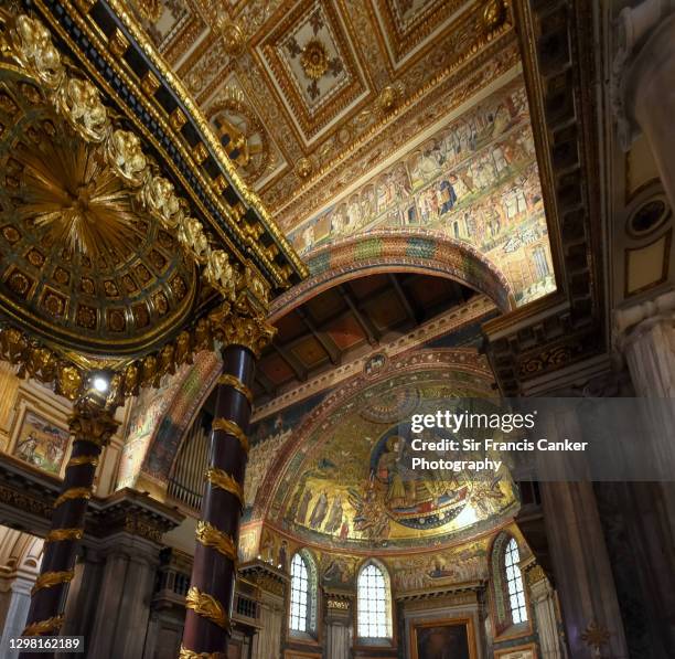 medieval mosaics and majestic baldachin inside the basilica of santa maria maggiore interior details in rome, lazio, italy - altar stock pictures, royalty-free photos & images