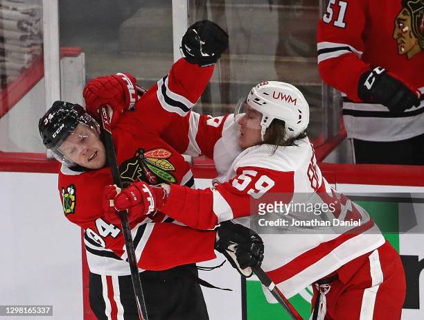 Carl Soderberg of the Chicago Blackhawks and Tyler Bertuzzi of the Detroit Red Wings get into a shoving match in front of the Blackhawks bench at the...