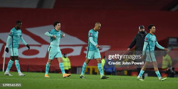 Disappointed liverpool players at the end of the Emirates FA Cup Fourth Round match between Manchester United and Liverpool at Old Trafford on...