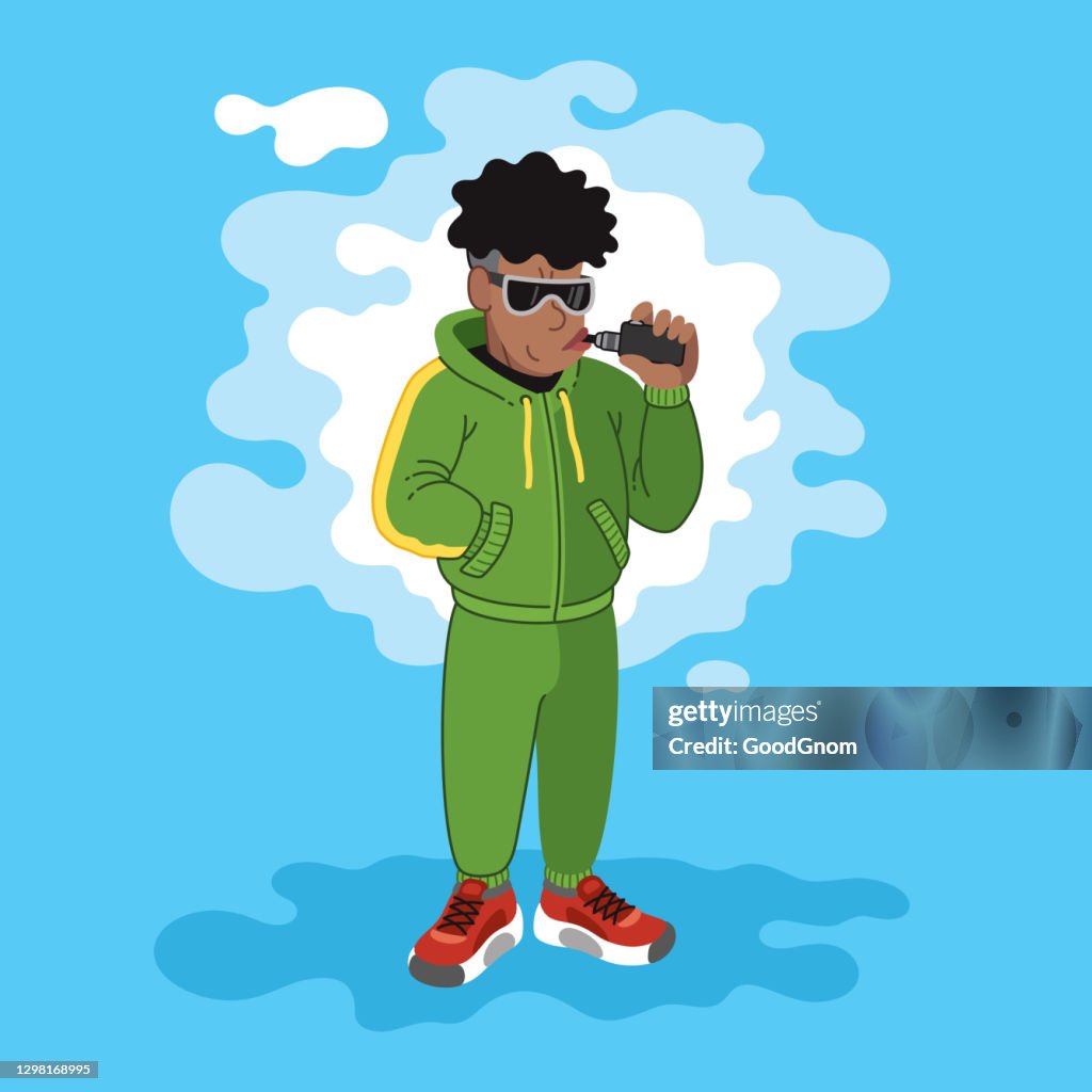 Young African American uses an electronic cigarette
