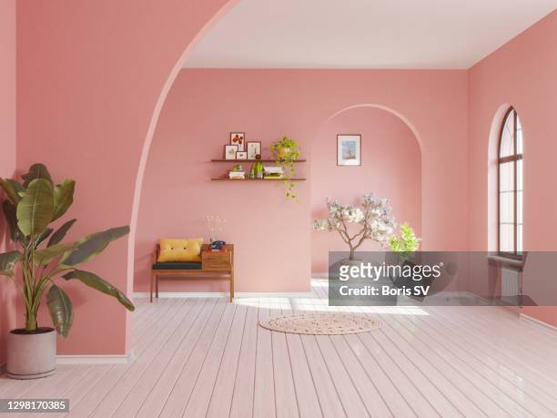 spanish villa in retro-style pink - woonruimte stockfoto's en -beelden