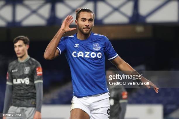 Dominic Calvert-Lewin of Everton celebrates after scoring their team's first goal during the Emirates FA Cup Fourth Round match between Everton and...