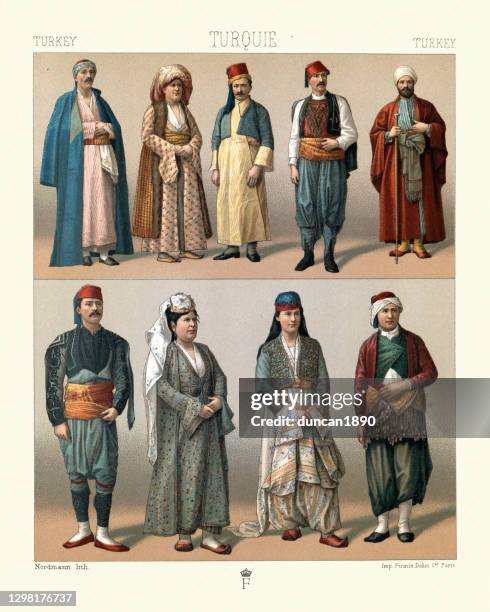 stockillustraties, clipart, cartoons en iconen met traditionele mode van turkije, aziatische turkomans, moslims, christenen, joden - fez hoed