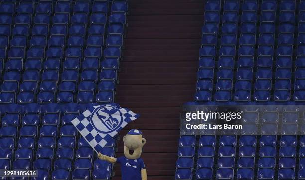 Schalke mascot "Erwin" is seen during the Bundesliga match between FC Schalke 04 and FC Bayern Muenchen at Veltins-Arena on January 24, 2021 in...