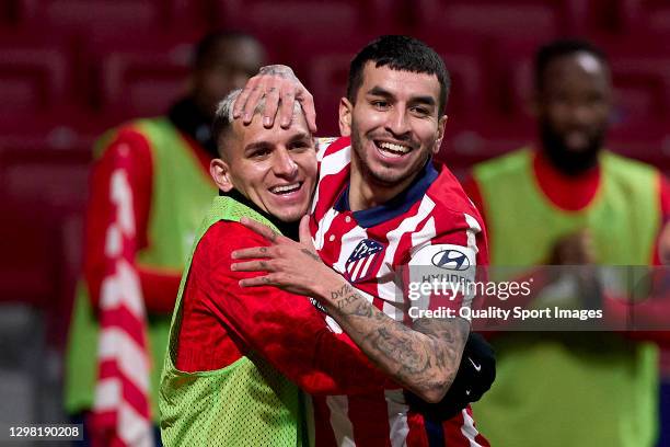 Angel Correa of Atletico de Madrid celebrates after scoring his team's first goal during the La Liga Santander match between Atletico de Madrid and...