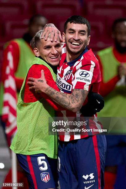 Angel Correa of Atletico de Madrid celebrates after scoring his team's first goal during the La Liga Santander match between Atletico de Madrid and...