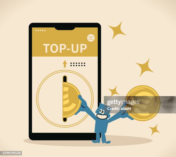 send mobile recharge online, mobile top-up, recharge, refill, blue man putting european union currency into a big smartphone - inserting stock illustrations