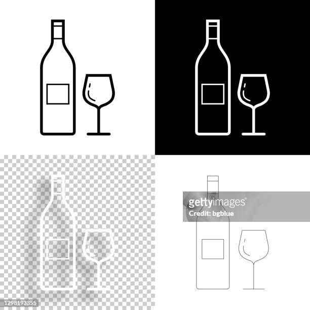 ワインボトルとワイングラス。デザイン用アイコン。空白、白、黒の背景 - ラインアイコン - ワインボトル点のイラスト素材／クリップアート素材／マンガ素材／アイコン素材