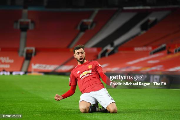 Bruno Fernandes of Manchester United celebrates scoring the winning goal during The Emirates FA Cup Fourth Round match between Manchester United and...