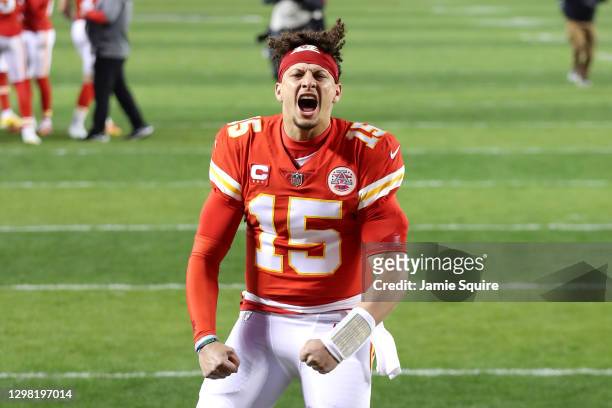 Patrick Mahomes of the Kansas City Chiefs reacts before the AFC Championship game against the Buffalo Bills at Arrowhead Stadium on January 24, 2021...