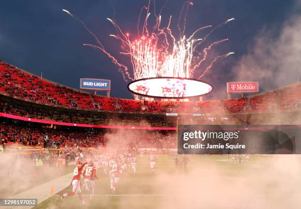 The Kansas City Chiefs take the field before the AFC Championship game against the Buffalo Bills at Arrowhead Stadium on January 24, 2021 in Kansas...