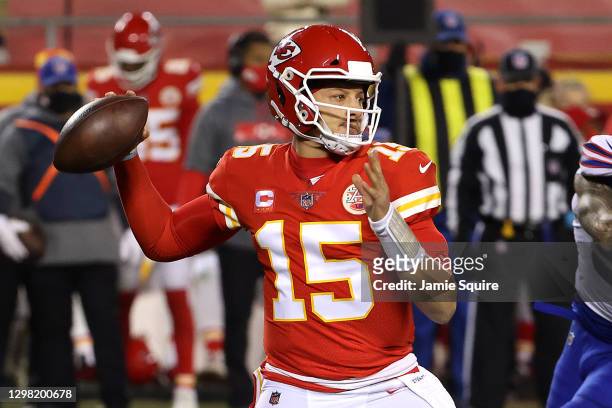 Patrick Mahomes of the Kansas City Chiefs throws a pass in the first half against the Buffalo Bills during the AFC Championship game at Arrowhead...