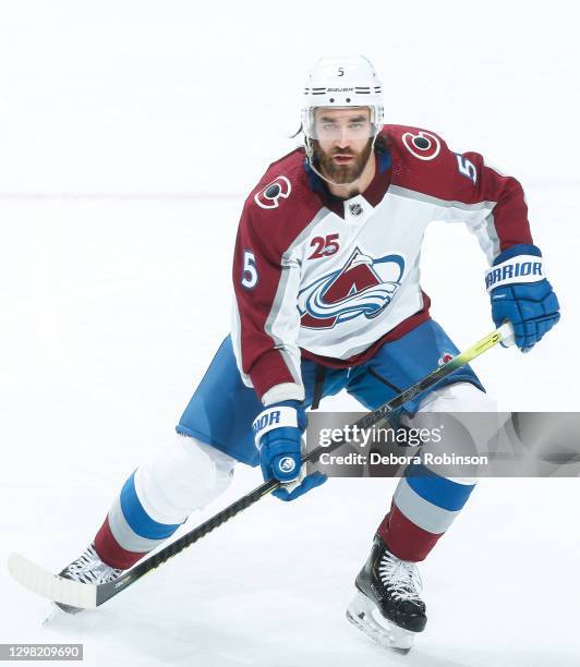 Greg Pateryn of the Colorado Avalanche skates against the Anaheim Ducks during the third period of the game at Honda Center on January 22, 2021 in...