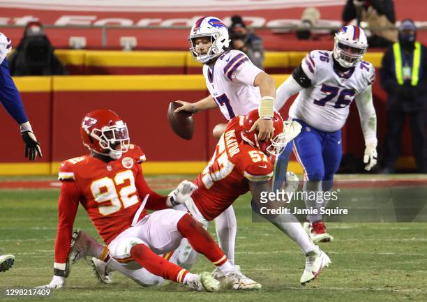 Alex Okafor of the Kansas City Chiefs sacks Josh Allen of the Buffalo Bills in the fourth quarter during the AFC Championship game at Arrowhead...