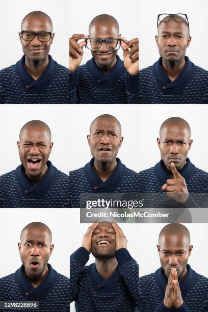 homem negro de ascendência africana careca de meia-idade com óculos fazendo expressões faciais - photomaton - fotografias e filmes do acervo