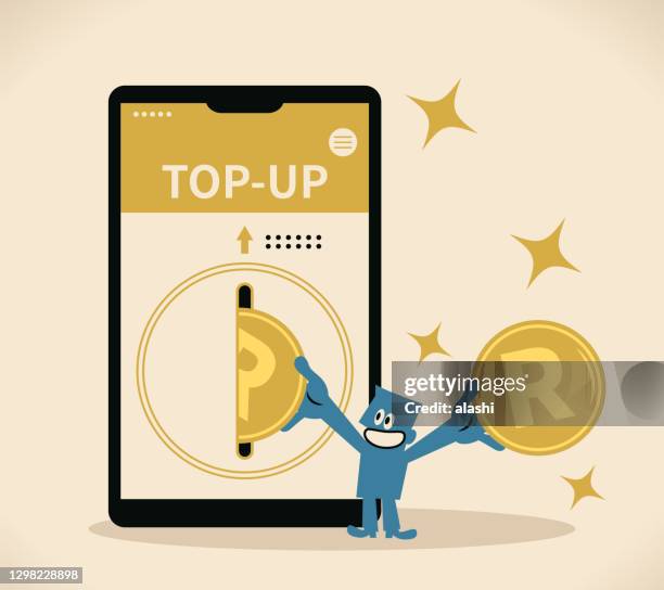 send mobile recharge online, mobile top-up, recharge, refill, blue man putting south african rand currency into a big smartphone - am rand stock illustrations