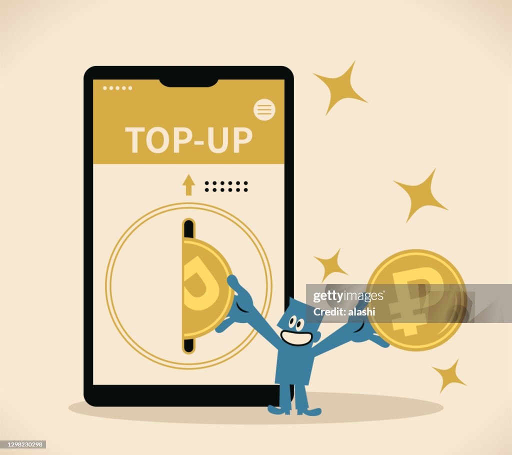 Envie recarga móvel on-line, recarga móvel, recarga, recarga, homem azul colocando moeda russa rubles em um grande smartphone