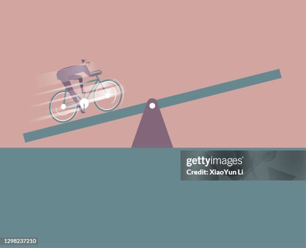 businessman riding bicycle on seesaw. - runaway stock illustrations