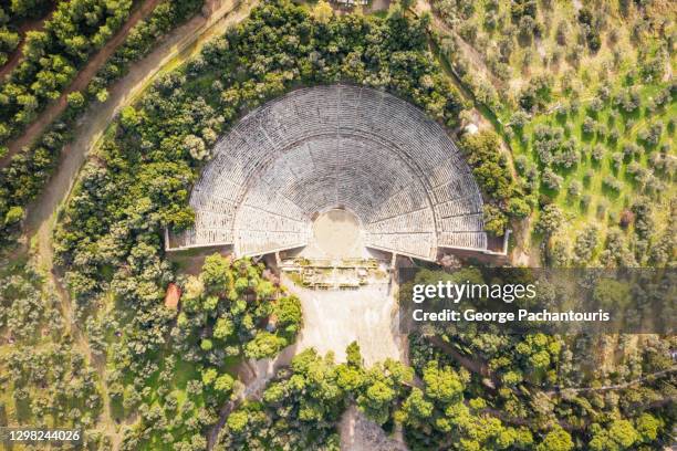 top down aerial view of the epidaurus theater, greece - epidaurus stock pictures, royalty-free photos & images