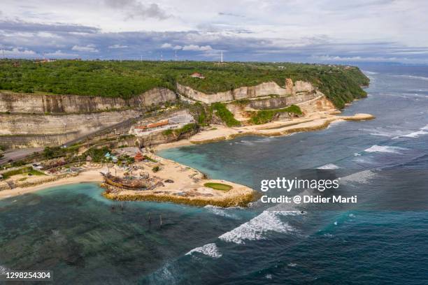 aerial view of the melasti beach in bali, indonesia - melasti ceremony in indonesia stock pictures, royalty-free photos & images