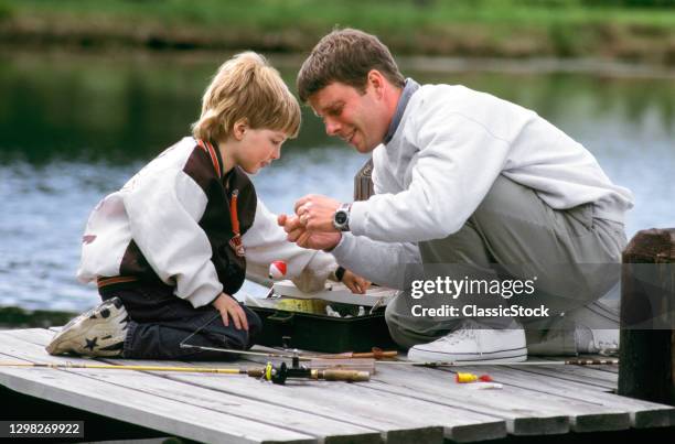 1990s Man And Boy Father And Son Fishing On Dock.