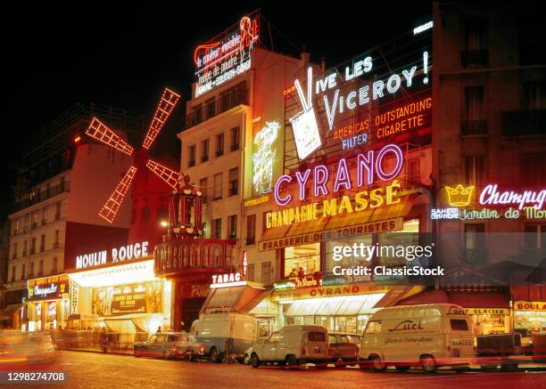 1960s Night Scene Moulin Rouge Pigalle District Paris France.