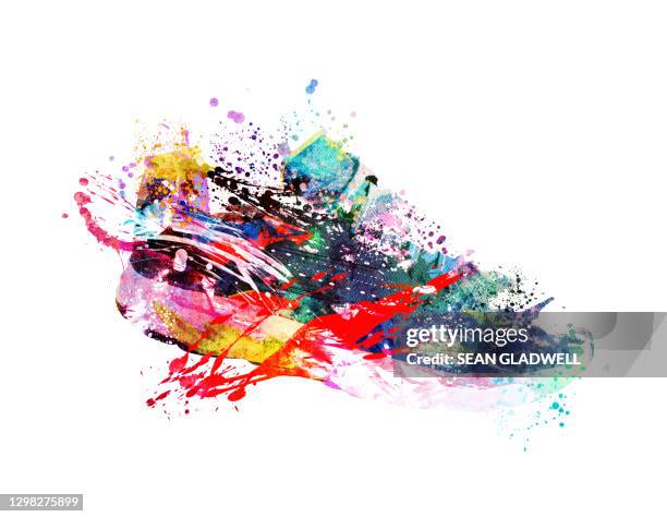 colourful sneaker illustration - watercolor splash stock pictures, royalty-free photos & images