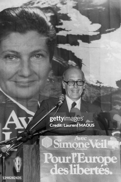 Valéry Giscard d'Estaing lors du dernier grand meeting de Simone Veil pour les élections européennes le 12 Juin 1984 à Marseille.