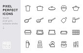 Cookware line icon set. Kitchen equipment cooker pan pot, frying griddle, lid, knife grater minimal vector illustration. Simple outline sign of cooking utensils. 30x30 Pixel Perfect Editable Stroke