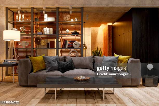 luxury living room at night with sofa, floor lamp and parquet floor. - residential building night stock pictures, royalty-free photos & images