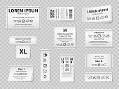 Laundry white labels. Textile care instructions tags, cotton clothes washing, drying or bleaching, water temperature and material information vector realistic isolated mockup