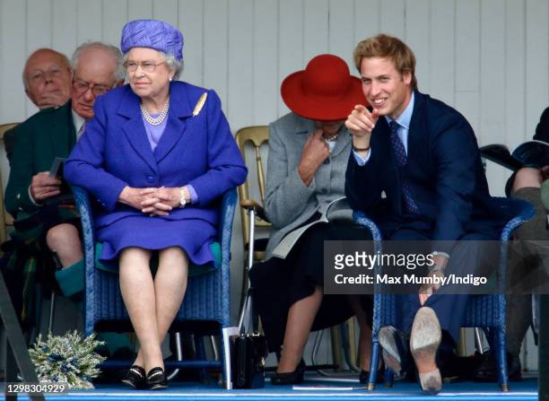 Queen Elizabeth II and Prince William attend the 2005 Braemar Highland Gathering at The Princess Royal and Duke of Fife Memorial Park on September 3,...