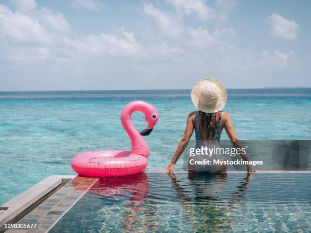 woman enjoying luxury vacations in an overwater bungalow - plastic flamingo stock pictures, royalty-free photos & images