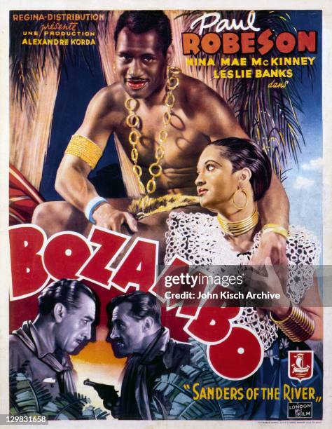 Movie poster advertises the Belgian release of the film 'Sanders of the River' starring Paul Robeson and Nina Mae McKinney, 1935.